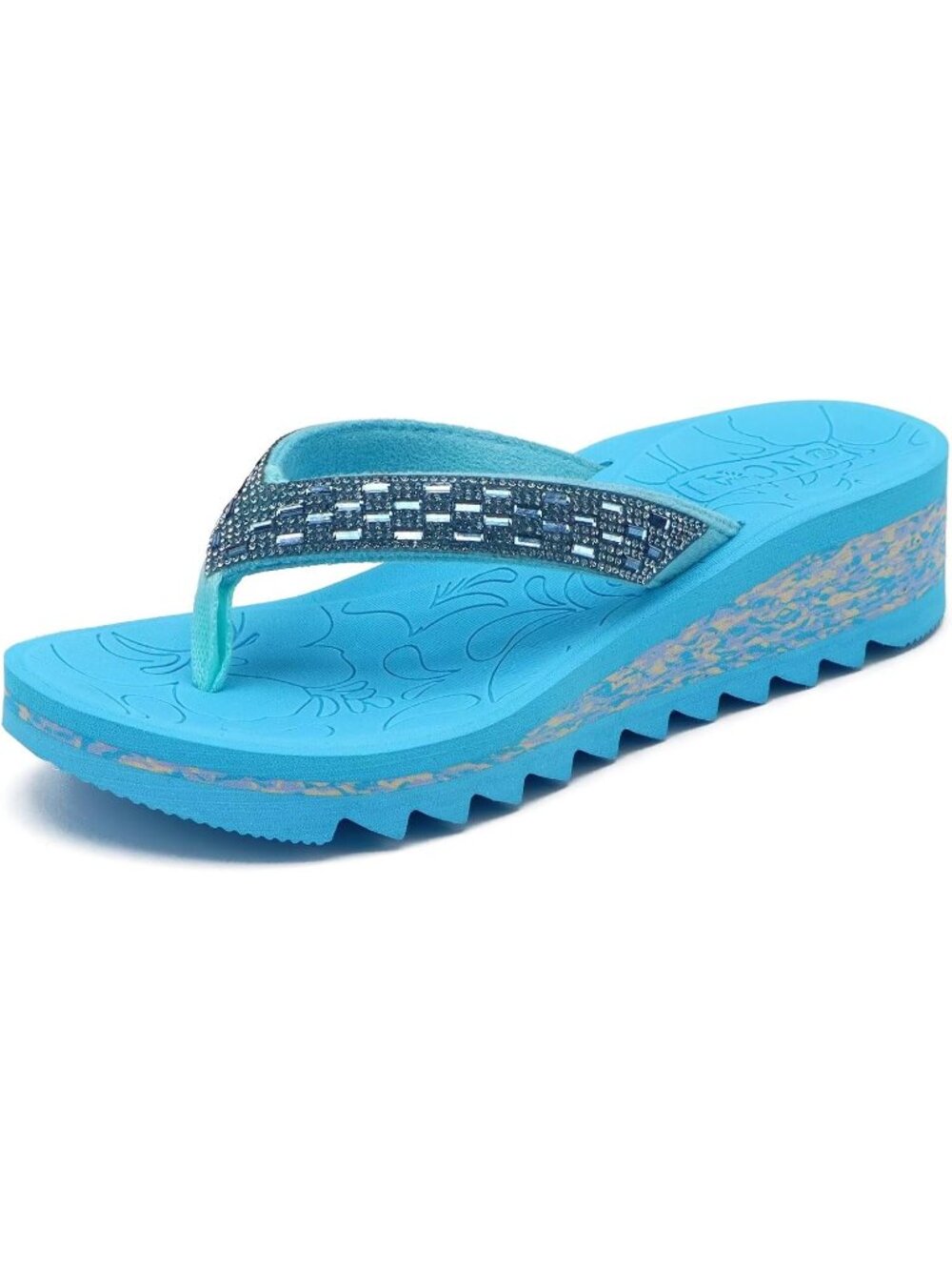Women's Sky Blue Summer Comfortable Wedge Flip Flop Rhinestone Walking Sandals